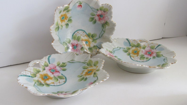 SALE Delicate Dogwood Hand Painted Porcelain Bowls Nippon China Leaf Shaped Candy Dish Apple Blossom Antique Wedding Decor