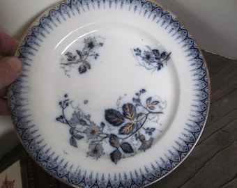 French Flow Blue Plate Flow Blue China Dark Blue and White China Bowl Antique English China Flow Blue Gold Plates Luneville France Julien