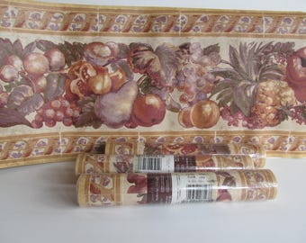 Vintage Wallpaper Boarder Colonial Wall Paper Fruit Border Burgundy Wall decor Wide WallPaper Boarder Mustard Color Dining room Kitchen Wall