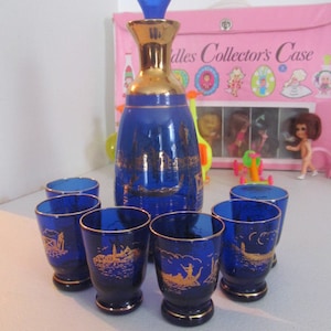 Cobalt Blue Glass Decanter set Liquor decanter set MCM Shot Glasses Blue Glass with Gold Bar Cart Decor Fancy Barware Glasses Credenza Decor