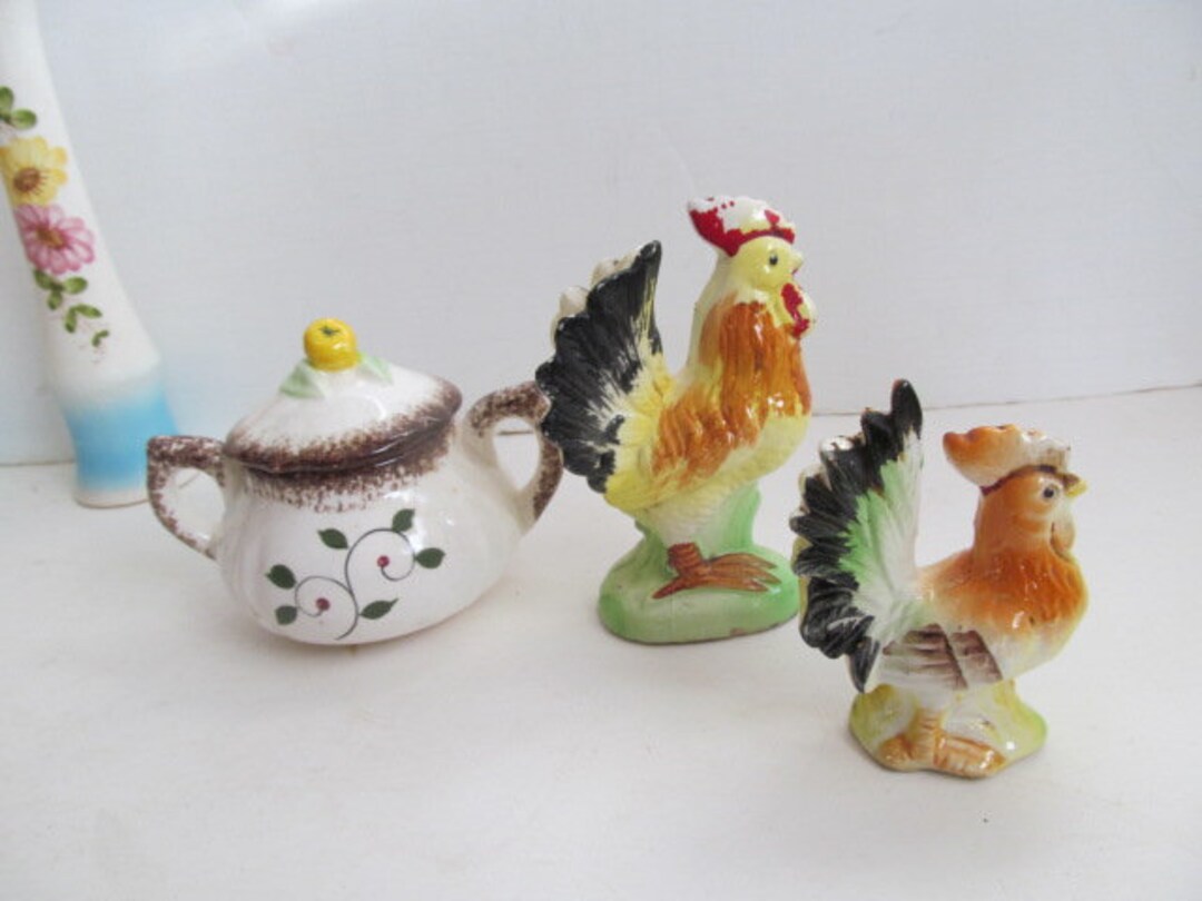 Pr Roosters AND Sugar Bowl Cockerel Tail Feathers Rooster Sugar Bowl