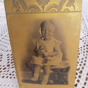 Rare Victorian Photo Brass Daguerreotype of Little Girl Holding Telephone Hand Tooled and Engraved Solid Brass Photograph Tin Type Photo
