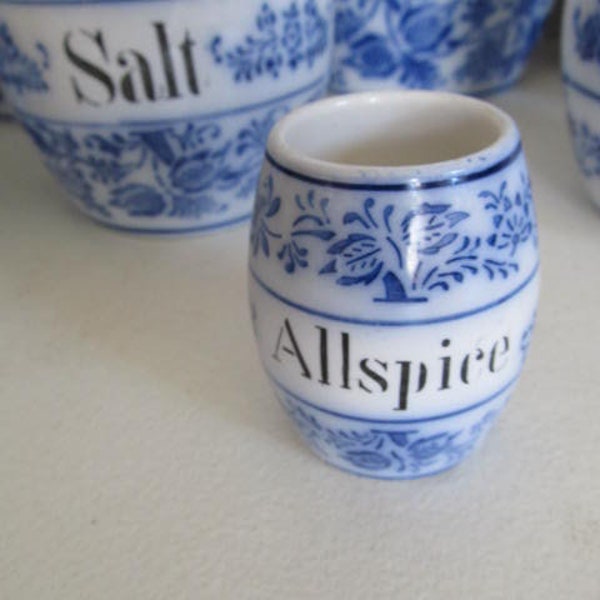 Allspice Flow Blue Spice Jar Barrel Shaped, Blue White China Flow Blue Decor Spice Jars Antique spice Jars Canister sets Blue Kitchen Decor