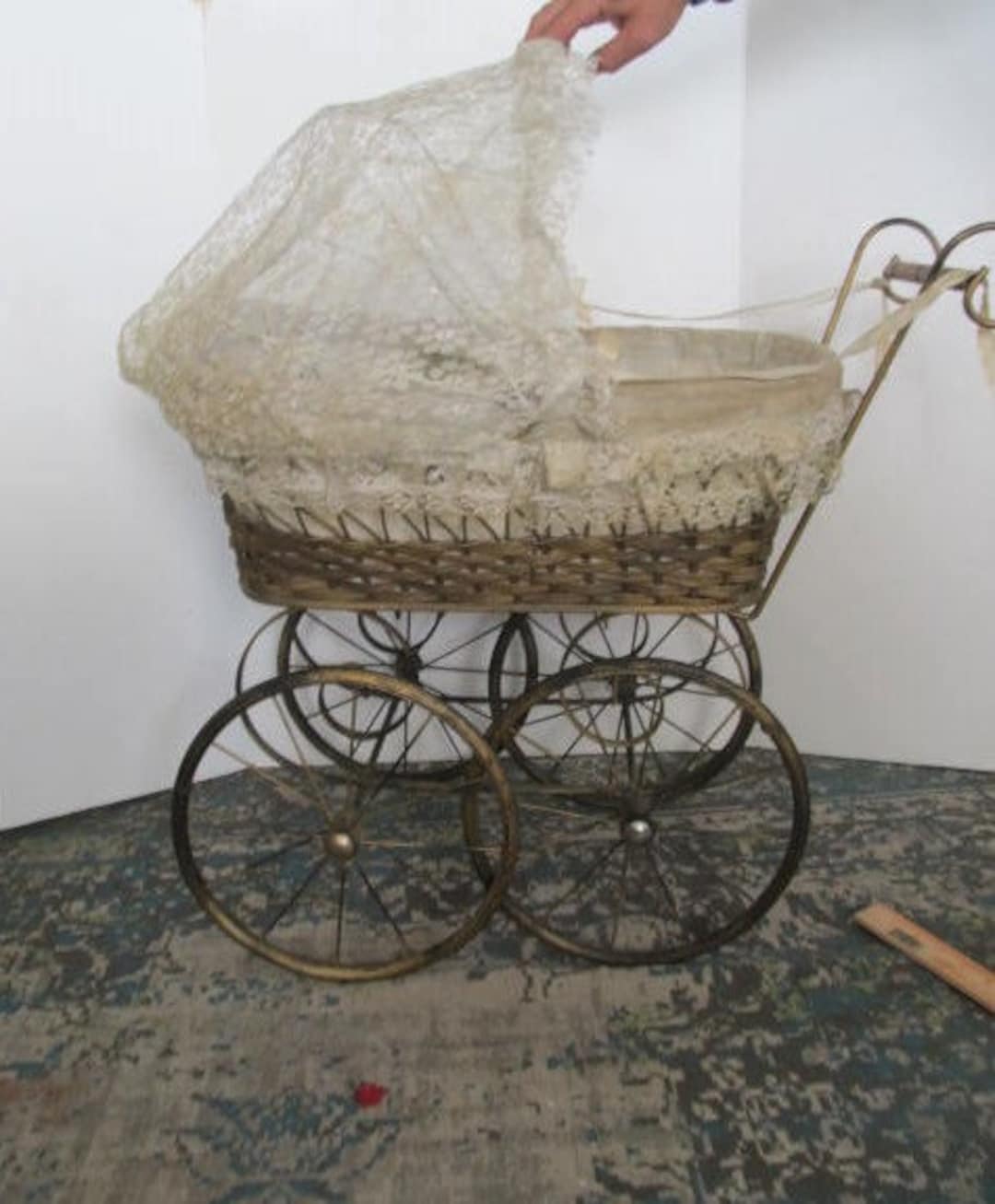 Antique Baby Doll Carriage Wood Wicker Doll Carriage Antique Etsy
