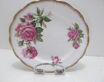 English Fine Bone China Orleans Rose Plate White Plate with Pink red Rose and Gold Trim, Royal Standard Plate England