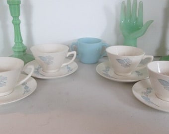 Marcrest Stetson Blue Spruce Set of Tea Cups and saucers White with Blue Design Pine Cones Pine Needles Kitschy MCM Atomic China Teacups