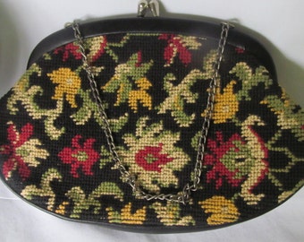 Art Deco Purse Needlepoint Purse Carpet Bag Floral Tapestry Pocketbook Purse Carpetbag Mid Century Accessories Needlepoint Handbag