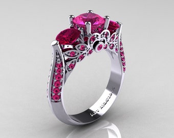 Classic 14K White Gold Three Stone Pink Sapphire Garnet Solitaire Ring R200-14KWGGPS