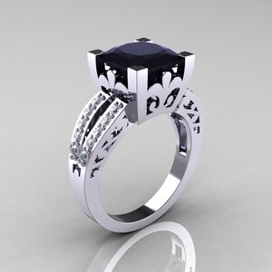 French Vintage 14K White Gold 3.8 Carat Princess Black and White Diamond Solitaire Ring R222-WGDBD