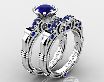 Art Masters Caravaggio 10K White Gold 1.0 Ct Sri Lanka Blue Sapphire Engagement Ring Wedding Band Set R623S-10KWGNBS