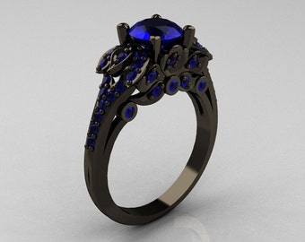 Classic 14K Black Gold 1.0 CT Sri Lanka Blue Sapphire Blazer Wedding Ring R203-14KBGNBS