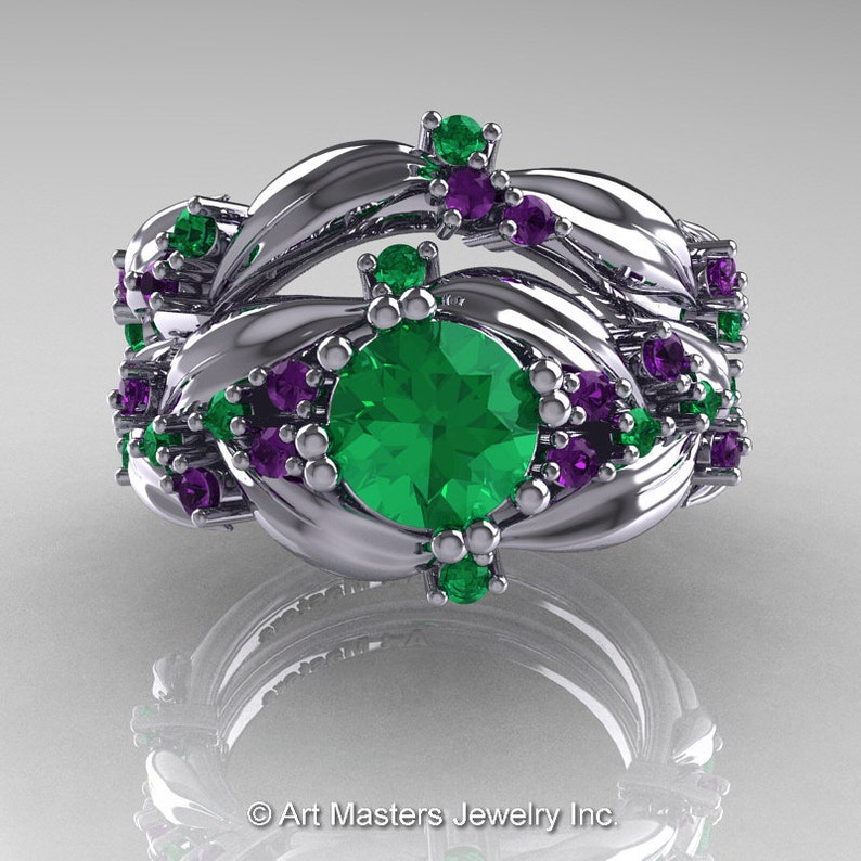 Nature Classic 14K White Gold 1.0 Ct Emerald Amethyst Leaf and Vine Engagement Ring Wedding Band Set R340S-14KWGAMEM image 2