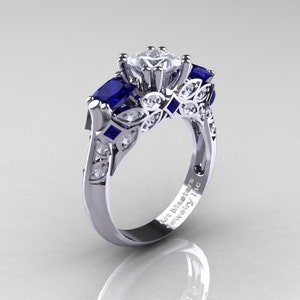 Classic 14K White Gold Three Stone Princess White and Blue Sapphire Diamond Solitaire Engagement Ring R500-14KWGDBSWS