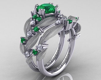 Nature Classic 14K White Gold 1.0 Ct Emerald Diamond Leaf and Vine Engagement Ring Wedding Band Set R340SS-14KWGDEM