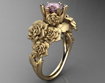 Nature Inspired 14K Yellow Gold 1.0 Ct Light Pink Sapphire Rose Bouquet Leaf and Vine Engagement Ring R427-14KYGSLPS