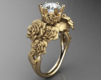 Nature Inspired 14K Yellow Gold 1.0 Ct Simulated Diamond Cubic Zirconia Rose Bouquet Leaf and Vine Engagement Ring R427-14KYGSCZ