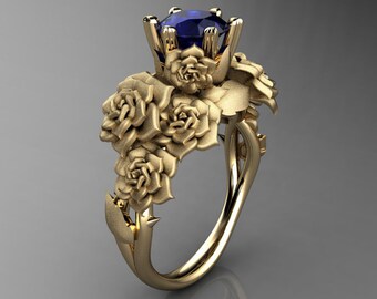 Nature Inspired 14K Yellow Gold 1.0 Ct Sri Lanka Blue Sapphire Rose Bouquet Leaf and Vine Engagement Ring R427-14KYGSNBS