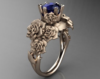 Nature Inspired 14K Rose Gold 1.0 Ct Sri Lanka Blue Sapphire Rose Bouquet Leaf and Vine Engagement Ring R427-14KRGSNBS