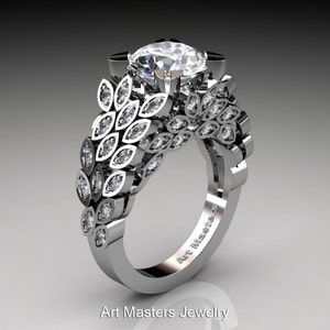 Art Masters Renoir 14K White Gold 3.0 Ct White Sapphire Diamond Nature Inspired Engagement Ring Wedding Ring R299-14KWGDWS