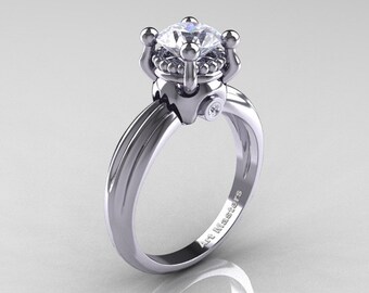 Classic Victorian 14K White Gold 1.0 Ct White Sapphire Solitaire Engagement Ring R506-14KWGWS