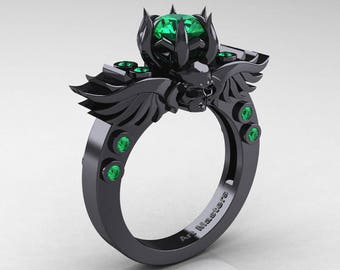 Winged Skull 5K Black Gold 1.0 Ct Emerald Solitaire Engagement Ring R613-5KBGEM