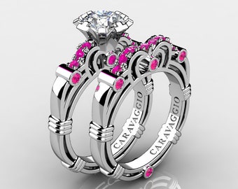 Art Masters Caravaggio 10K White Gold 1.0 Ct White and Pink Sapphire Engagement Ring Wedding Band Set R623S-10KWGPWS