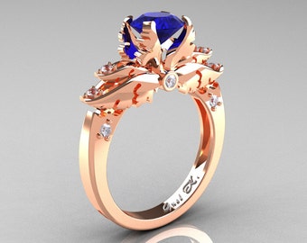 Classic Angel 14K Rose Gold 1.0 Ct Blue Sapphire Diamond Solitaire Engagement Ring R482-14KRGDBS