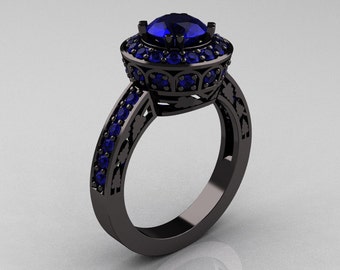 14K Black Gold 1.0 Carat Blue Sapphire Wedding Ring, Engagement Ring R199-14KBGBS