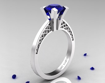 Modern Armenian 14K White Gold Lace 1.0 Ct Natural Blue Sapphire Solitaire Engagement Ring R308-14KWGNBS