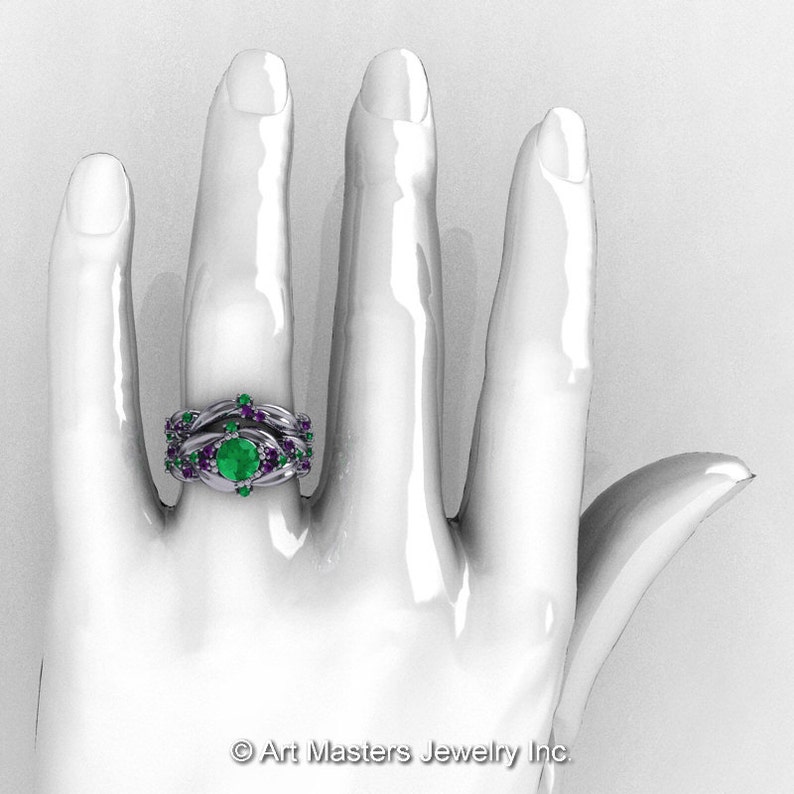 Nature Classic 14K White Gold 1.0 Ct Emerald Amethyst Leaf and Vine Engagement Ring Wedding Band Set R340S-14KWGAMEM image 3