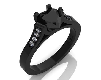 Gorgeous 14K Black Gold 1.0 Ct Heart Black and White Diamond Modern Wedding Ring, Engagement Ring for Women R663-14KBGDBD