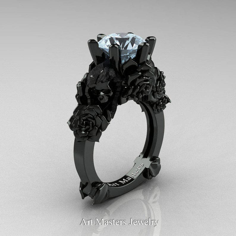 Love and Sorrow 5K Black Gold 3.0 Ct Aquamarine Skull and Rose Solitaire Engagement Ring R713-5KBGAQ image 2