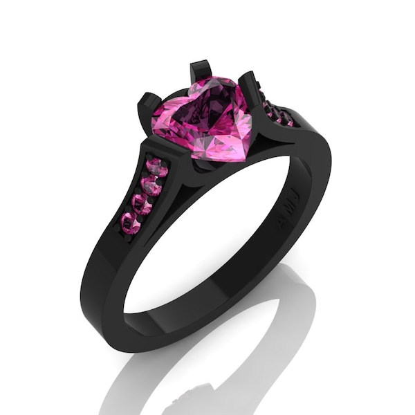 Gorgeous 14K Black Gold 1.0 Ct Heart Pink Sapphire Modern Wedding Ring, Engagement Ring for Women R663-14KBGPS