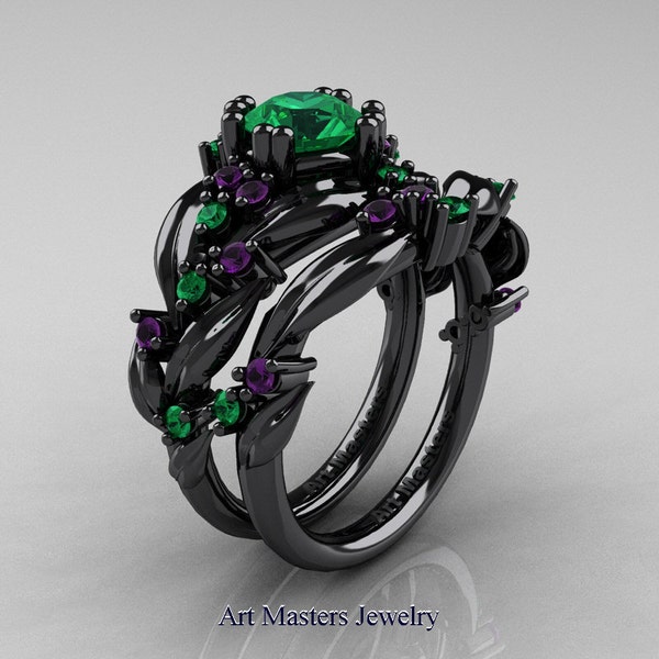 Nature Classic 14K Black Gold 1.0 Ct Emerald Amethyst Leaf and Vine Engagement Ring Wedding Band Set R340S-14KBGAMEM