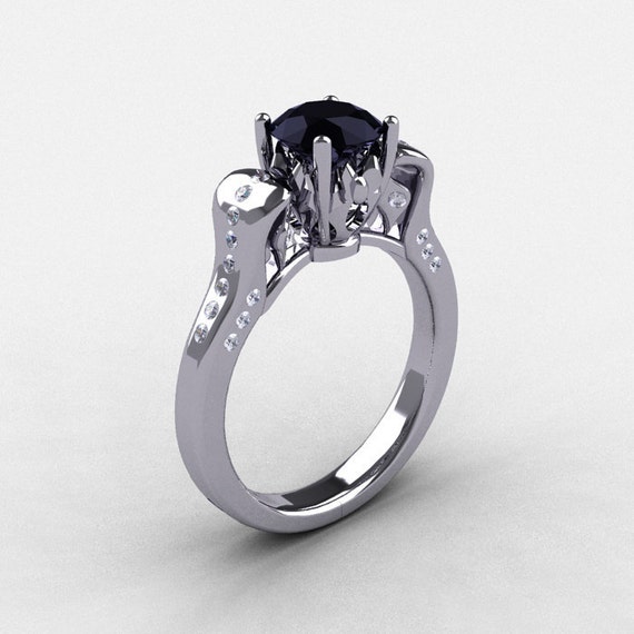 Items similar to 14K White Gold Black Diamond Wedding Ring, Engagement ...