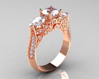 18K Rose Gold Three Stone Diamond Cubic Zirconia Solitaire Ring R200-18KRGDCZ