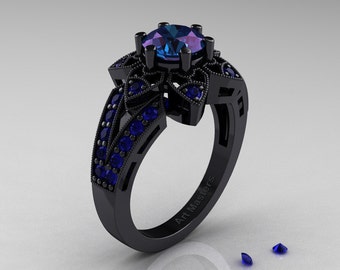 Art Deco 14K Black Gold 1.0 Ct Alexandrite Blue Sapphire Wedding Ring, Engagement Ring R286-14KBGBSAL