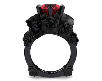 Love and Sorrow 14K Black Gold 3.0 Ct Ruby Skull and Rose Solitaire Engagement Ring R713-14KBGSR