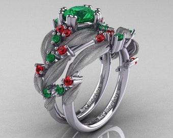 Reserved - Nature Classic 14K White Gold 1.0 Ct Emerald Rubies Leaf and Vine Engagement Ring Wedding Band Set R340SS-14KWGREM