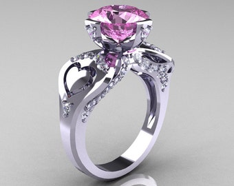 Modern Victorian 14K White Gold 3.0 Ct Light Pink Sapphire Diamond Solitaire Ring R248-14KWGDLPS