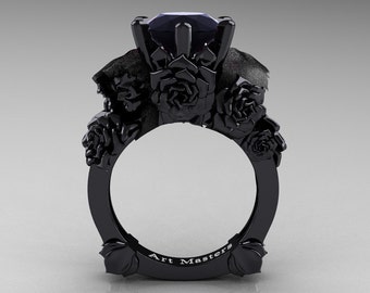 Love and Sorrow 14K Black Gold 3.0 Ct Black Onyx Skull and Rose Solitaire Engagement Ring R713-14KBGYX