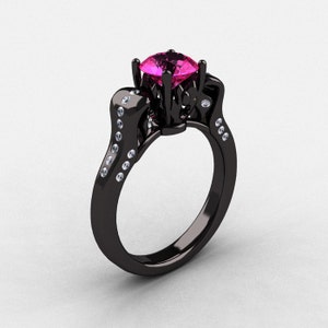 14K Black Gold Pink Sapphire Diamond Wedding Ring, Engagement Ring NN101-14KBGDPS