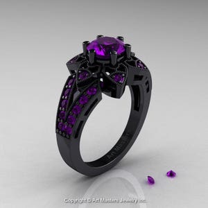 Art Deco 14K Black Gold 1.0 Ct Amethyst Wedding Ring, Engagement Ring R286-14KBGAM