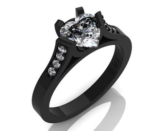 Gorgeous 14K Black Gold 1.0 Ct Heart White Sapphire Modern Wedding Ring, Engagement Ring for Women R663-14KBGWS