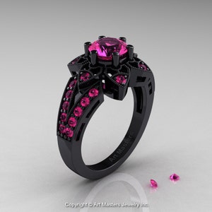 Art Deco 14K Black Gold 1.0 Ct Pink Sapphire Wedding Ring, Engagement Ring R286-14KBGPS