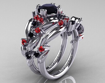 Nature Classic 14K Ouro Branco 1.0 Ct Diamante Negro Rubis Folha e Vinha Anel de Noivado Conjunto de Aliança de Casamento R340S-14KWGRBD