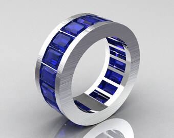 Mens Modern 14K Brushed White Gold 10.0 Ct Blue Sapphire Channel Cluster Infinity Wedding Band R174M-14WGBBS