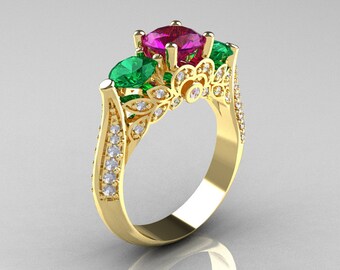 14K Yellow Gold Three Stone Diamond Emerald Amethyst Solitaire Ring R200-14KYGDAMEM