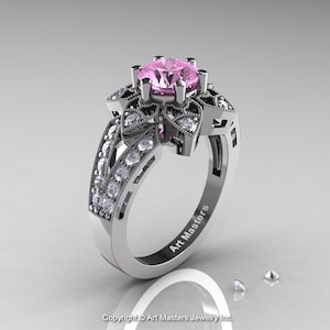 Art Deco 14K White Gold 1.0 Ct Light Pink Sapphire Diamond Wedding Ring, Engagement Ring R286-14KWGDLPS
