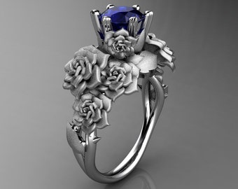 Nature Inspired 14K White Gold 1.0 Ct Sri Lanka Blue Sapphire Rose Bouquet Leaf and Vine Engagement Ring R427-14KWGSNBS